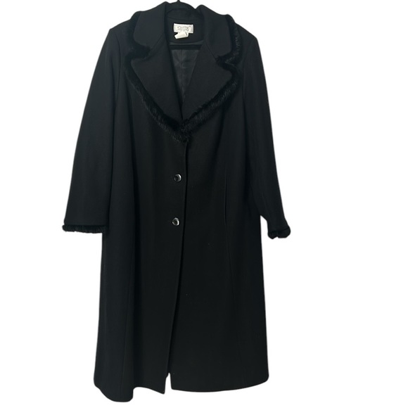 Vintage Coat Wool Blend Komitor Women Black with Rabbit Fur Trim Plus Size  16 - Picture 1 of 5